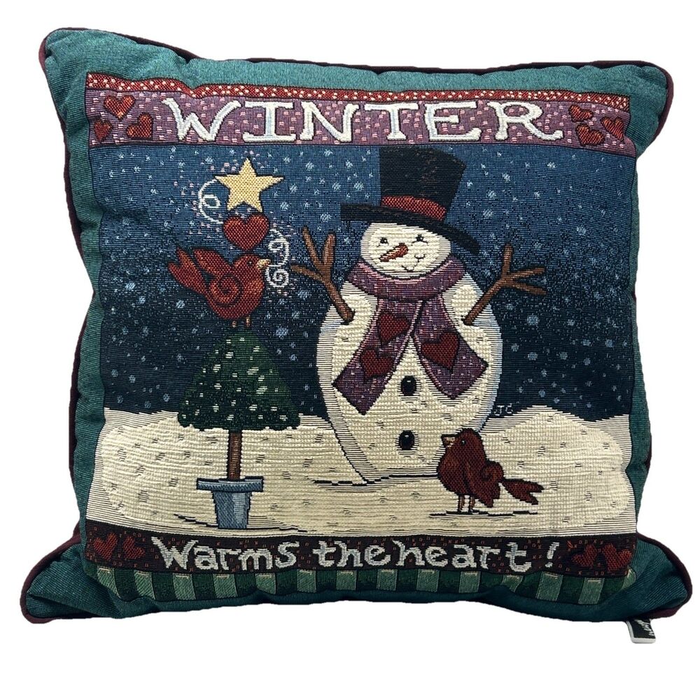 Newport Tapestry Throw Pillow Winter Warms The Heart 16"X16" Snowman